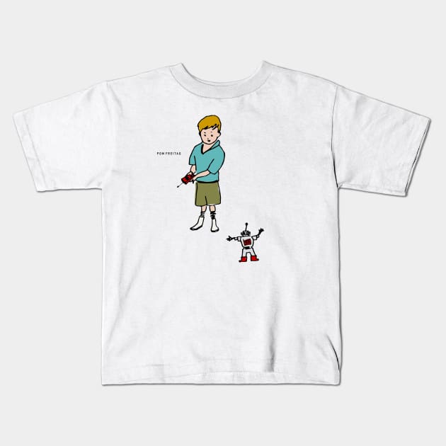 Boy with toy robot : Kids T-Shirt by Annie Pom Freitag